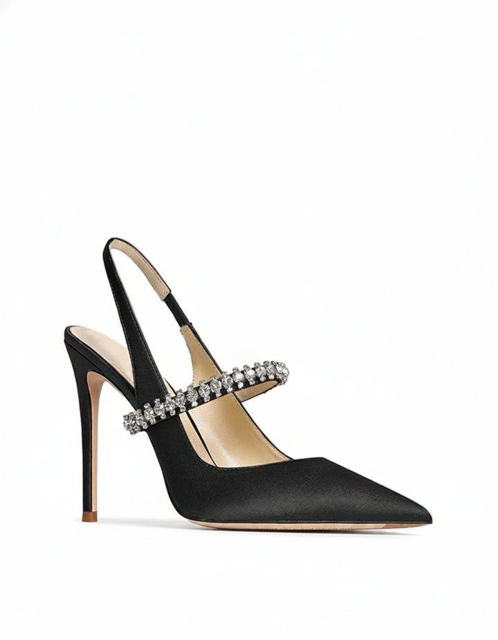 Nerina | Women's Rhinestone Satin Slingback Pumps in Silver