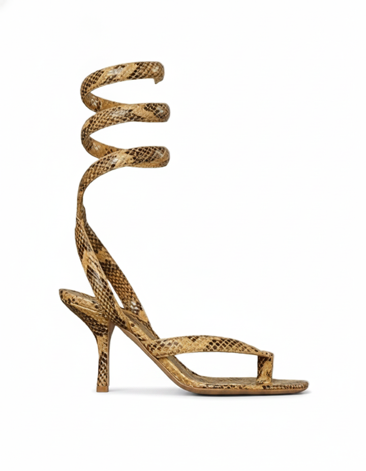 Nina | Women's Spiral Snake Heeled Sandals in Yellow