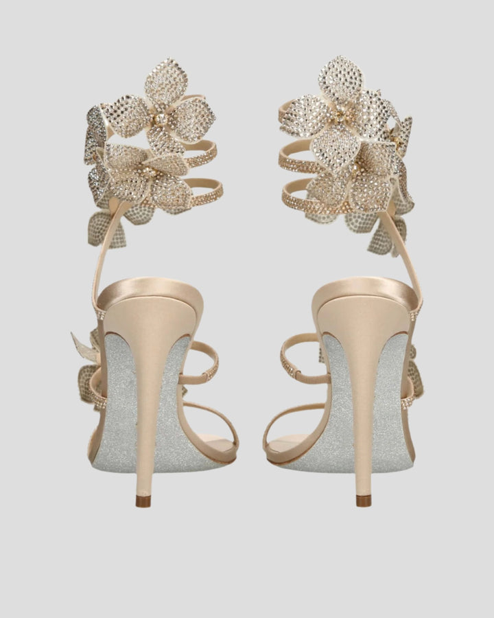 Elisa | Women's Flower Snake Heeled Sandals in Gold