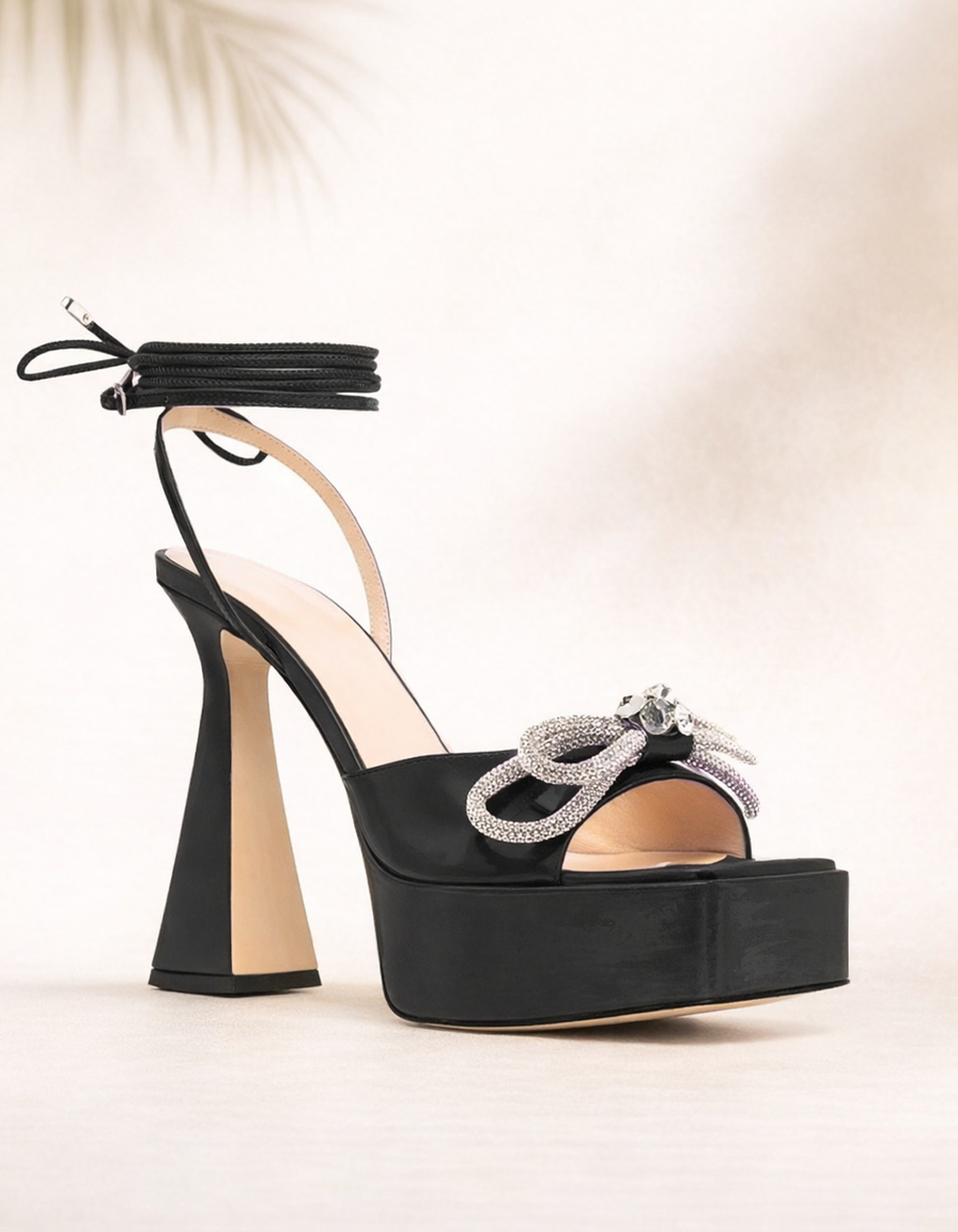 Rina | Women's Crystal Bow Platform Heeled Sandals in Purple