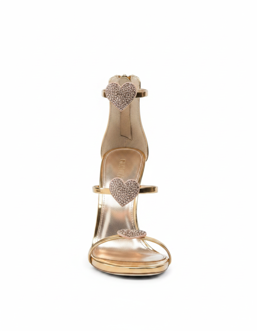 Rosalia | Women's Rhinestone Heart Strap Heeled Sandals in Gold