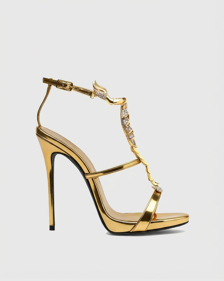Pia | Women's Rhinestone Scorpion Strap Sandals in Gold