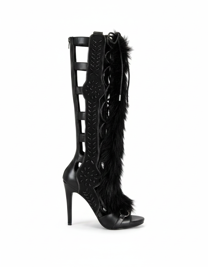 Sadiya | Women's Faux Fur Lace-Up Suede Heeled Sandals in Brown
