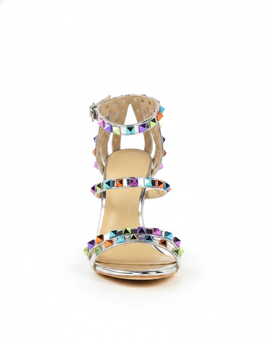 Senta | Women's Rivet Metallic Strap Heeled Sandals in Silver
