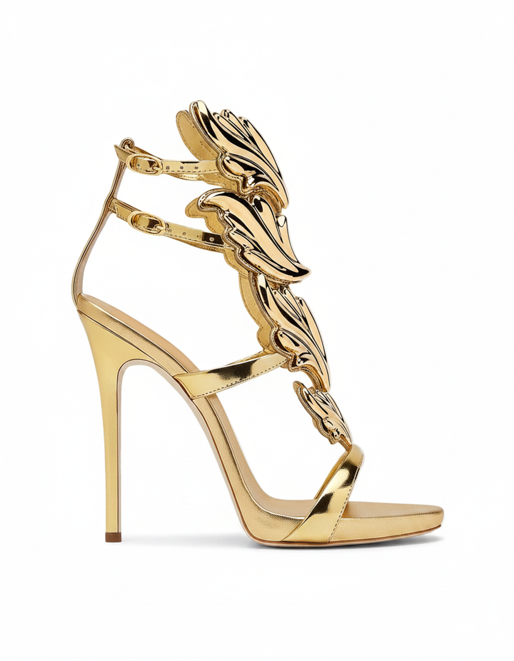 Tatiana | Women's Mirrored Wing Heeled Sandals in Gold