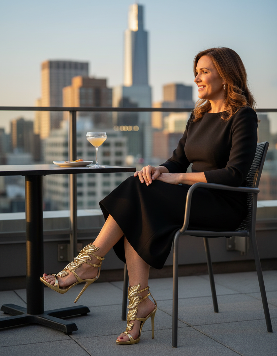 Tatiana | Women's Mirrored Wing Heeled Sandals in Gold