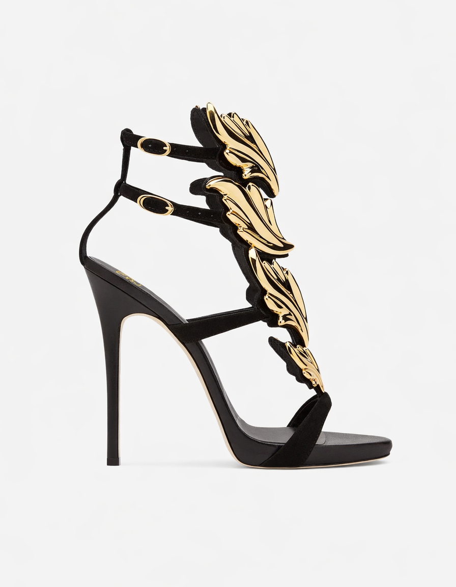 Tatiana | Women's Mirrored Wing Heeled Sandals in Gold