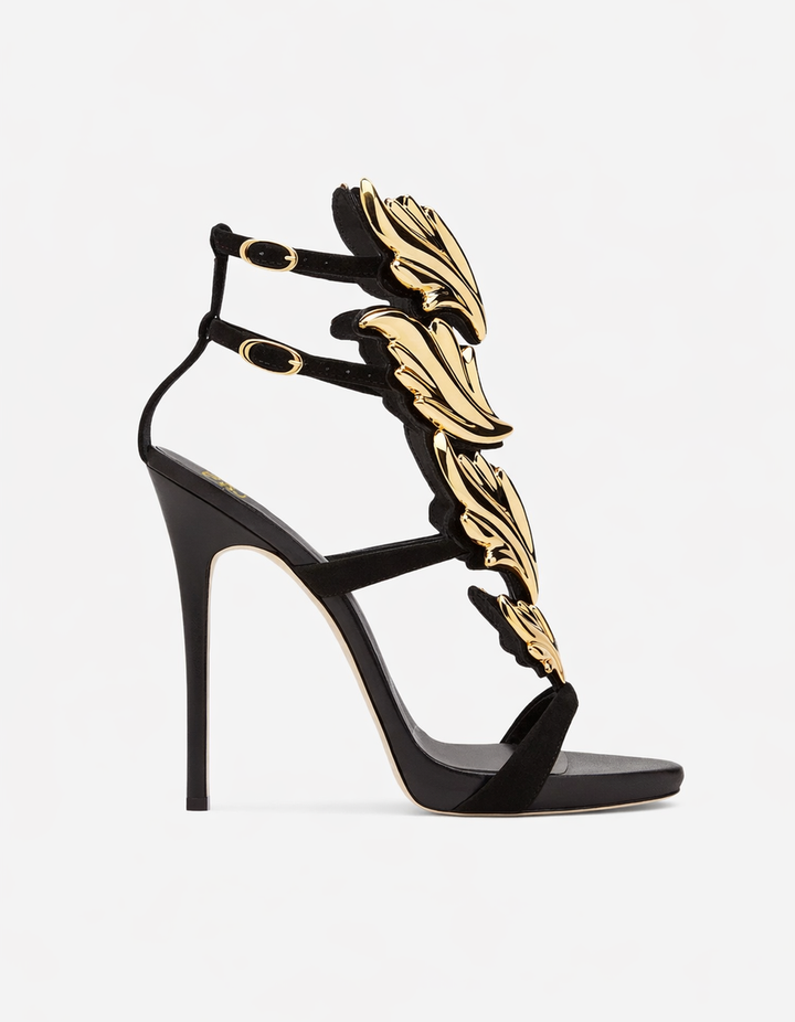 Tatiana | Women's Mirrored Wing Heeled Sandals in Gold