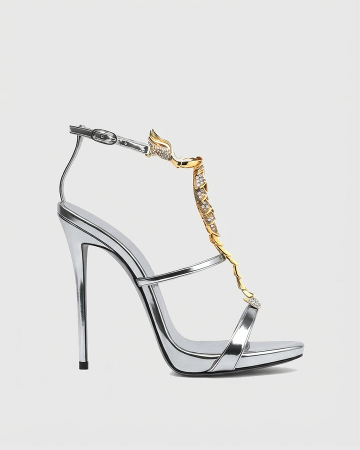 Pia | Women's Rhinestone Scorpion Strap Sandals in Silver