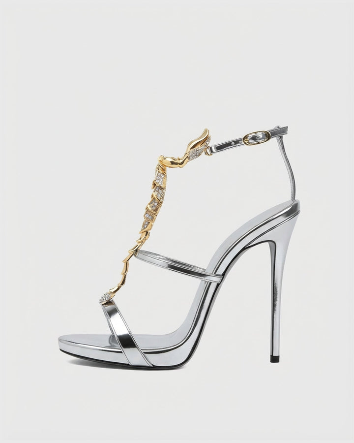 Pia | Women's Rhinestone Scorpion Strap Sandals in Silver