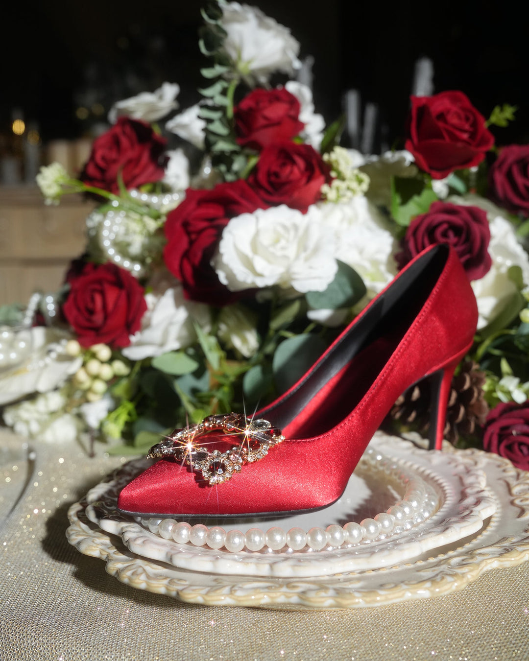 Vaike | Women's Rhinestone Buckle Satin Pumps in Red