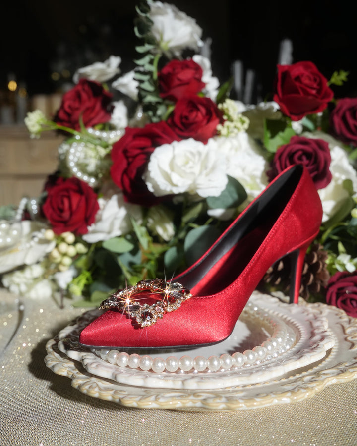 Vaike | Women's Rhinestone Buckle Satin Pumps in Red