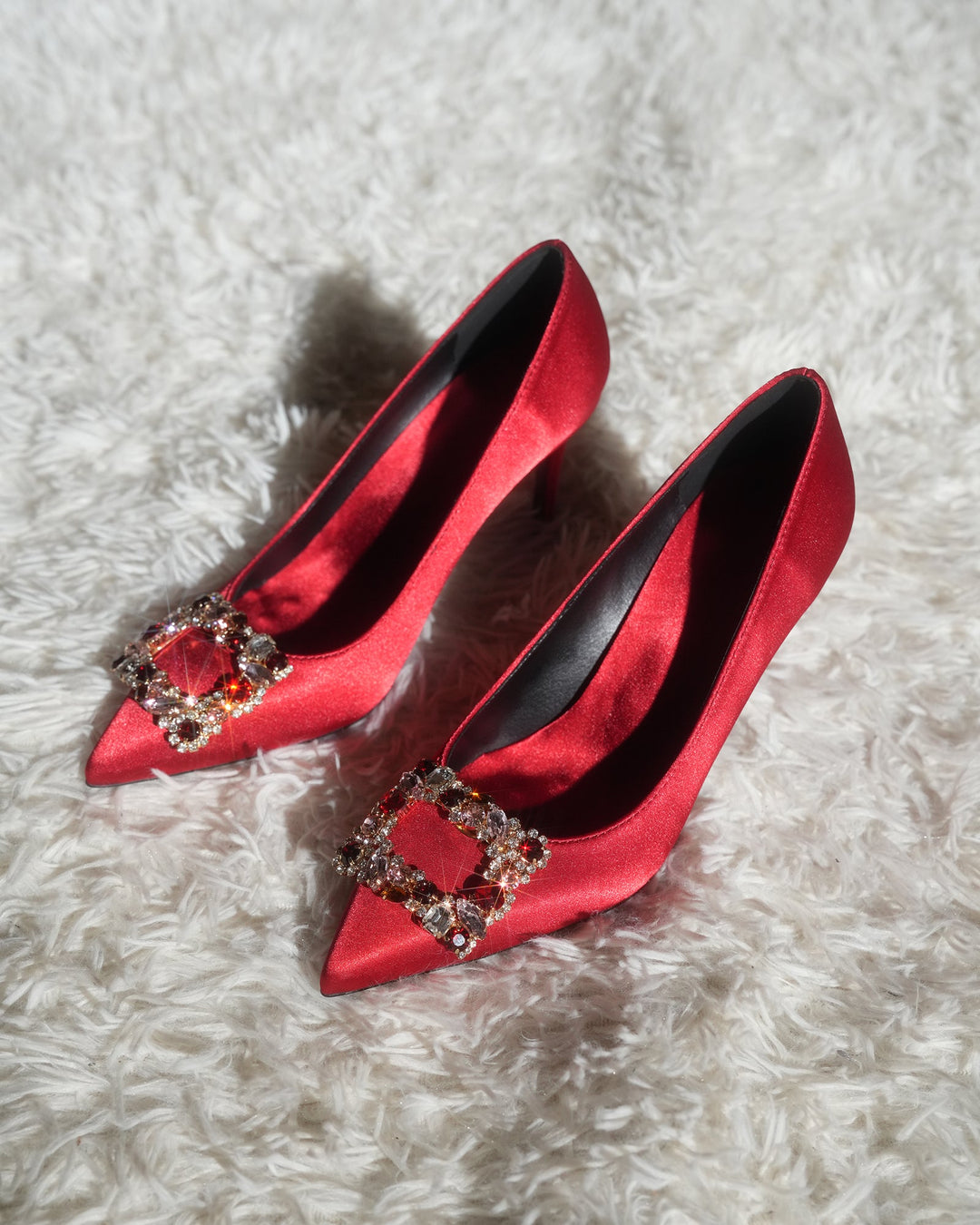 Vaike | Women's Rhinestone Buckle Satin Pumps in Red