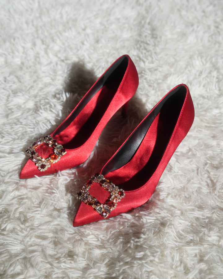 Vaike | Women's Rhinestone Buckle Satin Pumps in Red