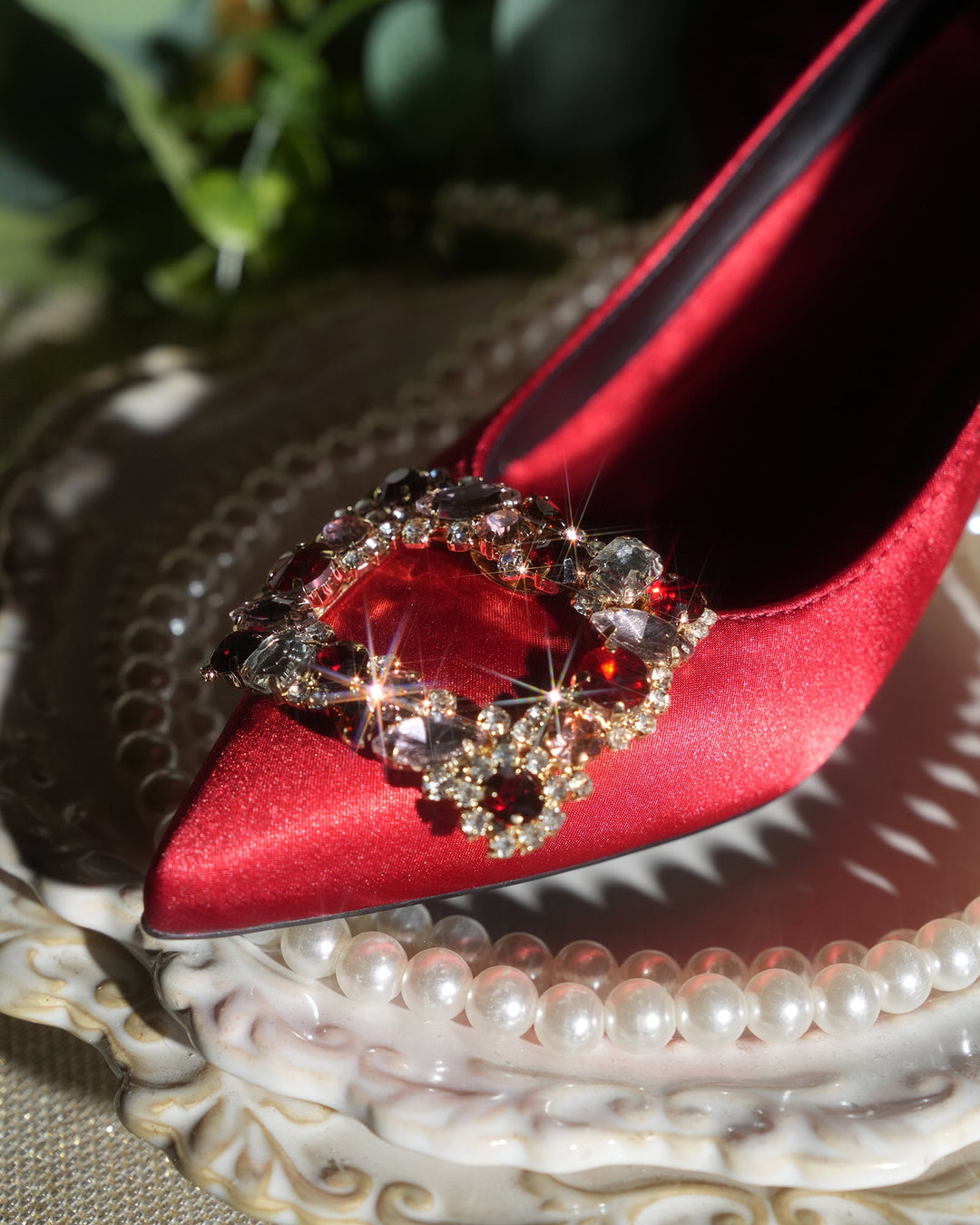Vaike | Women's Rhinestone Buckle Satin Pumps in Red