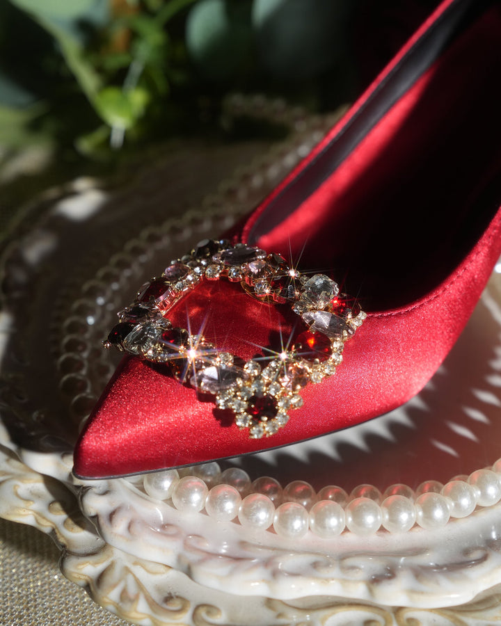Vaike | Women's Rhinestone Buckle Satin Pumps in Red