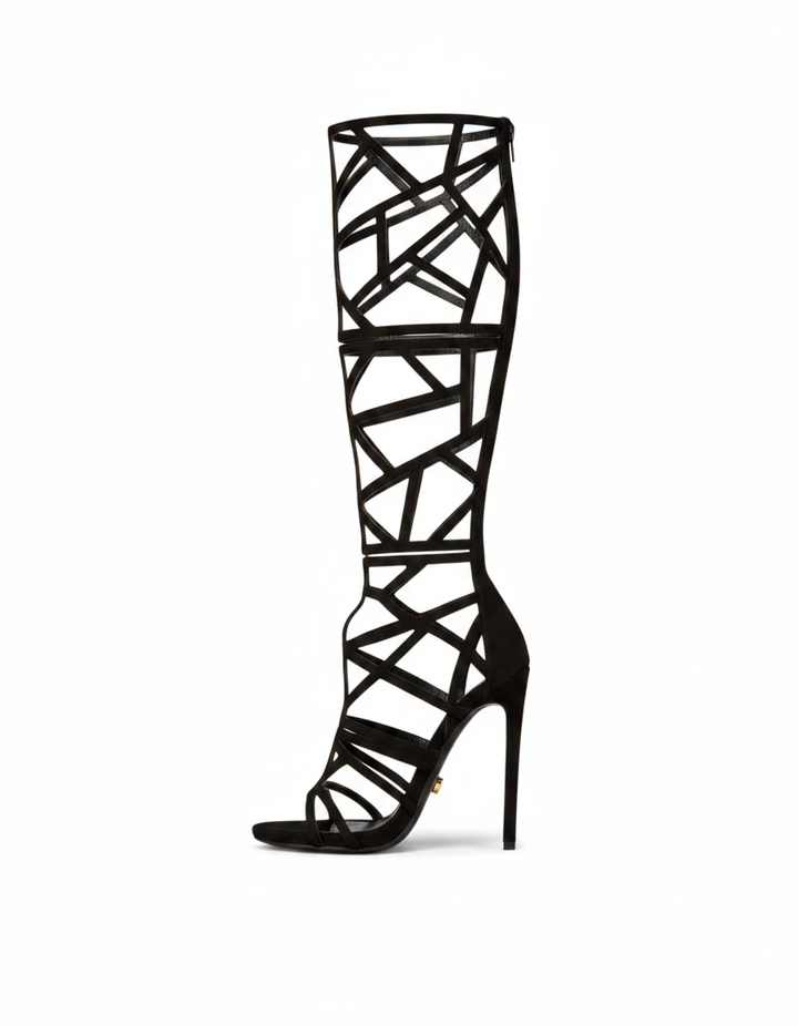 Virna | Women's Cage Knee High Boots in Black