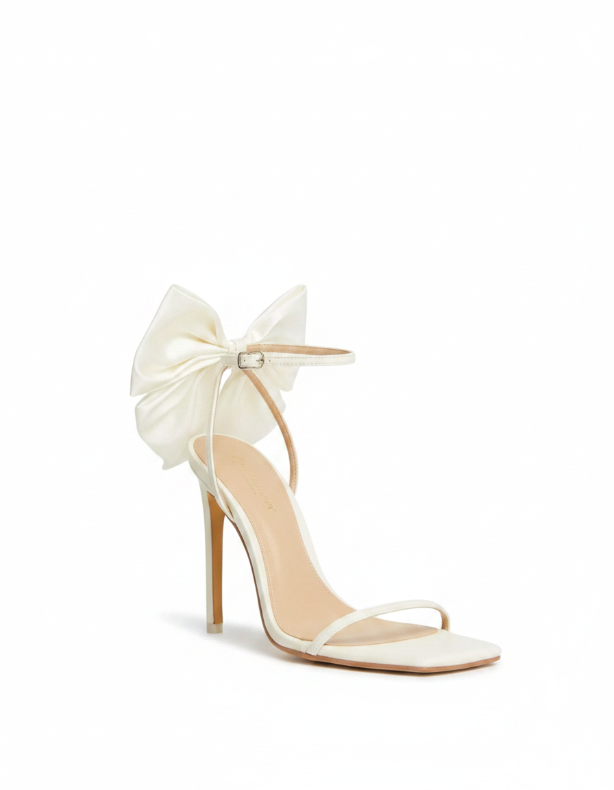 Xuan | Women's Bow Strap Satin Heeled Sandals in White
